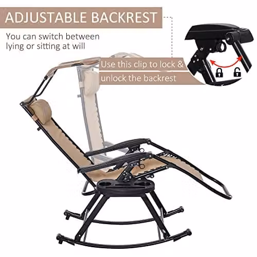 Outsunny Beige Zero-Gravity Folding Recliner with Sun Canopy, Adjustable Headrest and Side Tray – 4