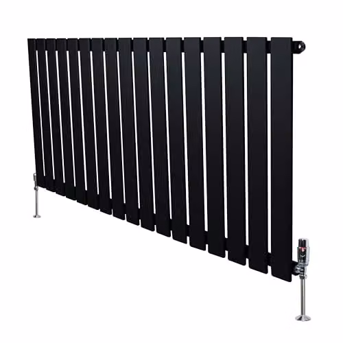 Monster Shop Black Carbon Steel Flat Single Column Radiator with Chrome TRV Valves and Wall Brackets, H: 600 mm x W: 1190 mm – 1