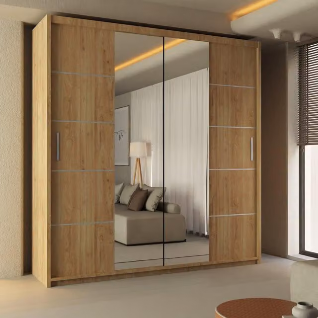Sliding Wardrobes 4U Ribon Mirror Sliding Door Wardrobe in Light Oak, W/H: 120 x 217 cm