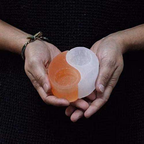 Ancient Wisdom Selenite Ying Yang Stone Tealight Candle Holder in Orange and Multicolour – 2