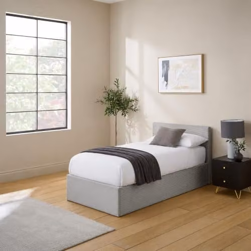 GFW Single Modern Corduroy Fabric Ottoman Storage Bed in Grey, W/D/H: 90 x 198 x 106 cm