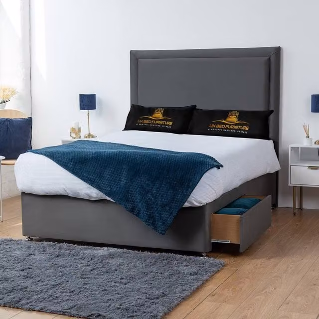 UK Bed Furniture Ascot Divan Bed with 4 Drawers and 26 Inch Headboard in Grey, Size: 180 x 200 cm