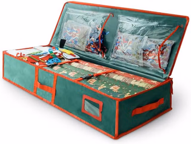 Keplin Green Christmas Wrapping Paper and Decoration Storage Bag, Foldable Fabric Organizer with Handles