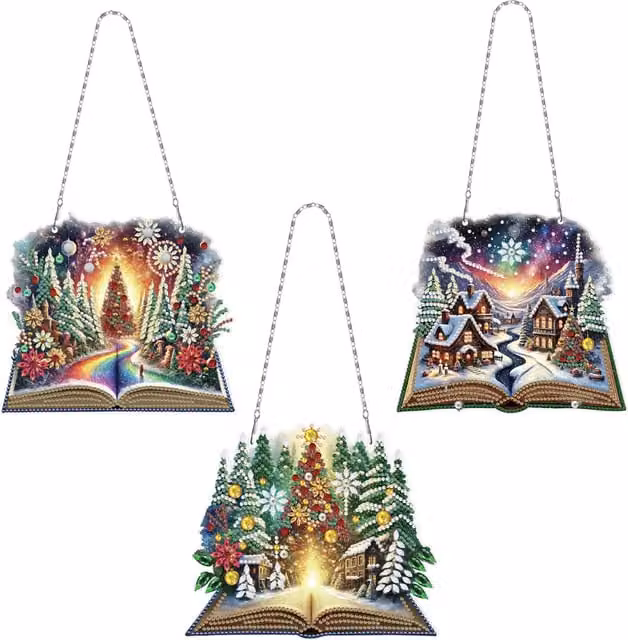 Syntego Pack of 3 Assorted Christmas Open Book Hanging Diamond Art Pendants in Multicolour