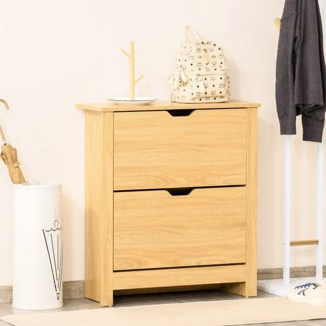 HOMCOM Modern Brown and Beige 12-Shoe Storage Cabinet with Tilting Compartments and Drawers