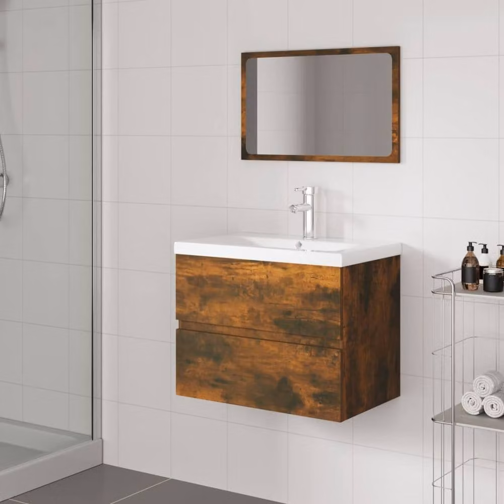 Berkfield Home Modern Bathroom Furniture Set in Smoked Oak Brown featuring Wall Mounted Vanity Unit and Mirror Cabinet – 2