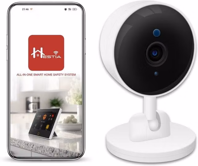 Hestia Indoor HD Smart Wi-Fi Security Camera in White and Black