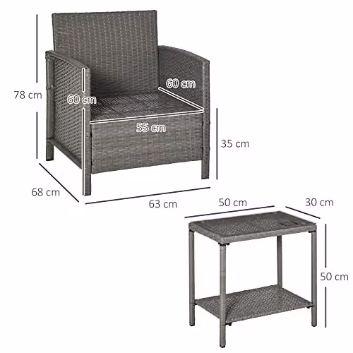 Outsunny 3 Piece Modern Rattan Outdoor Sofa Set with Lounge Armchairs, Coffee Table and Striped Cushions in Grey – 5