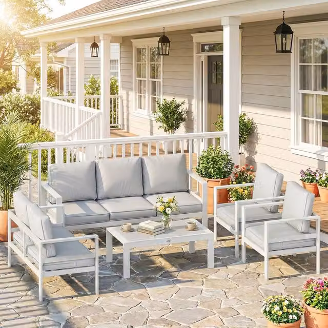 OUTSUNNY Modern 3-Seater Outdoor Garden Sofa Set with White Olefin Cushions and Powder Coated Aluminium Frame