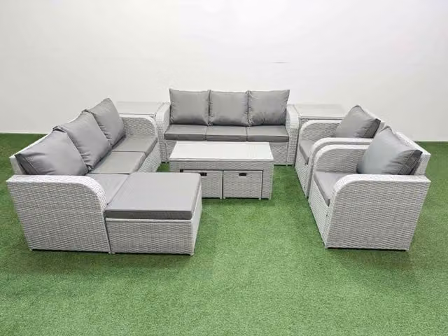 Fimous PE Rattan High Back Lounge Sofa Set in Light Grey with 3 Seater Sofa, Reclining Chair, 3 Stools, Oblong Coffee Table and 2 Side Tables