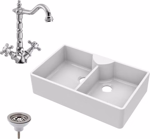 Balterley White Ceramic 2 Bowl Stepped Weir Butler Sink with Tap Ledge and Waste, W: 89.5 cm – 1