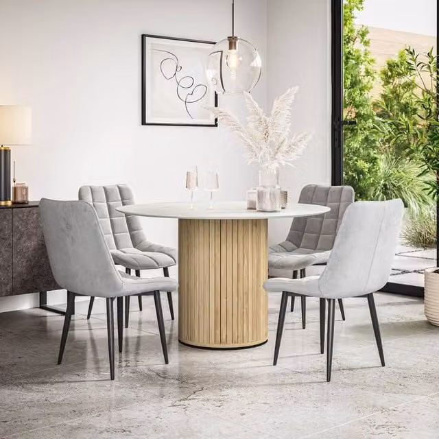 More4Homes Arlo White Marble Top Round Dining Table with Oak Legs and 6 Grey Nova Velvet Dining Chairs, W/D/H: 120 x 120 x 75 cm
