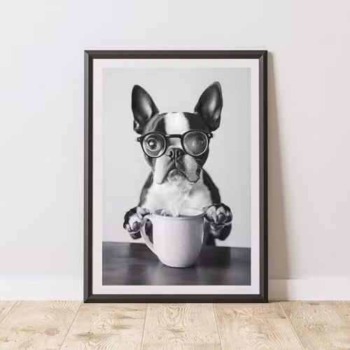 60 Second Makeover Limited Funny Boston Terrier Drinking Coffee Illustration Print, Multicolour, A4