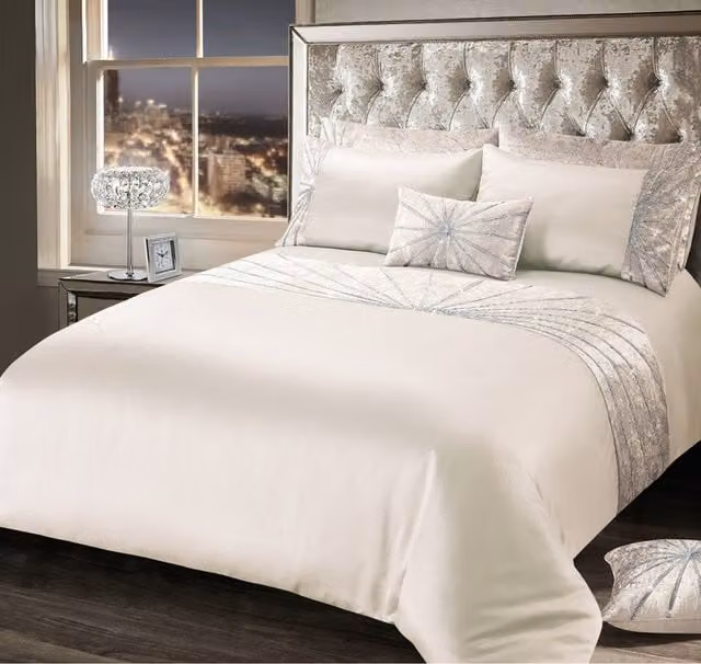Intimates Luxury Crushed Velvet Diamante Starburst Duvet Cover and Pillowcase Set in Beige, Silver and White, W/D/H: 90 x 190 cm