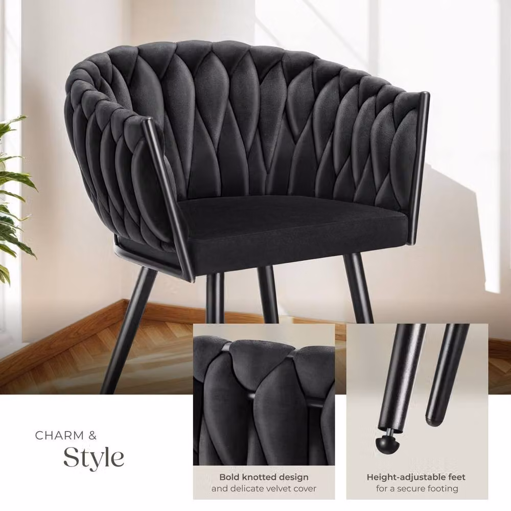 tectake Astano Dining Chair Set of 4, Black Velvet with Metal Frame and Knot Design – 4