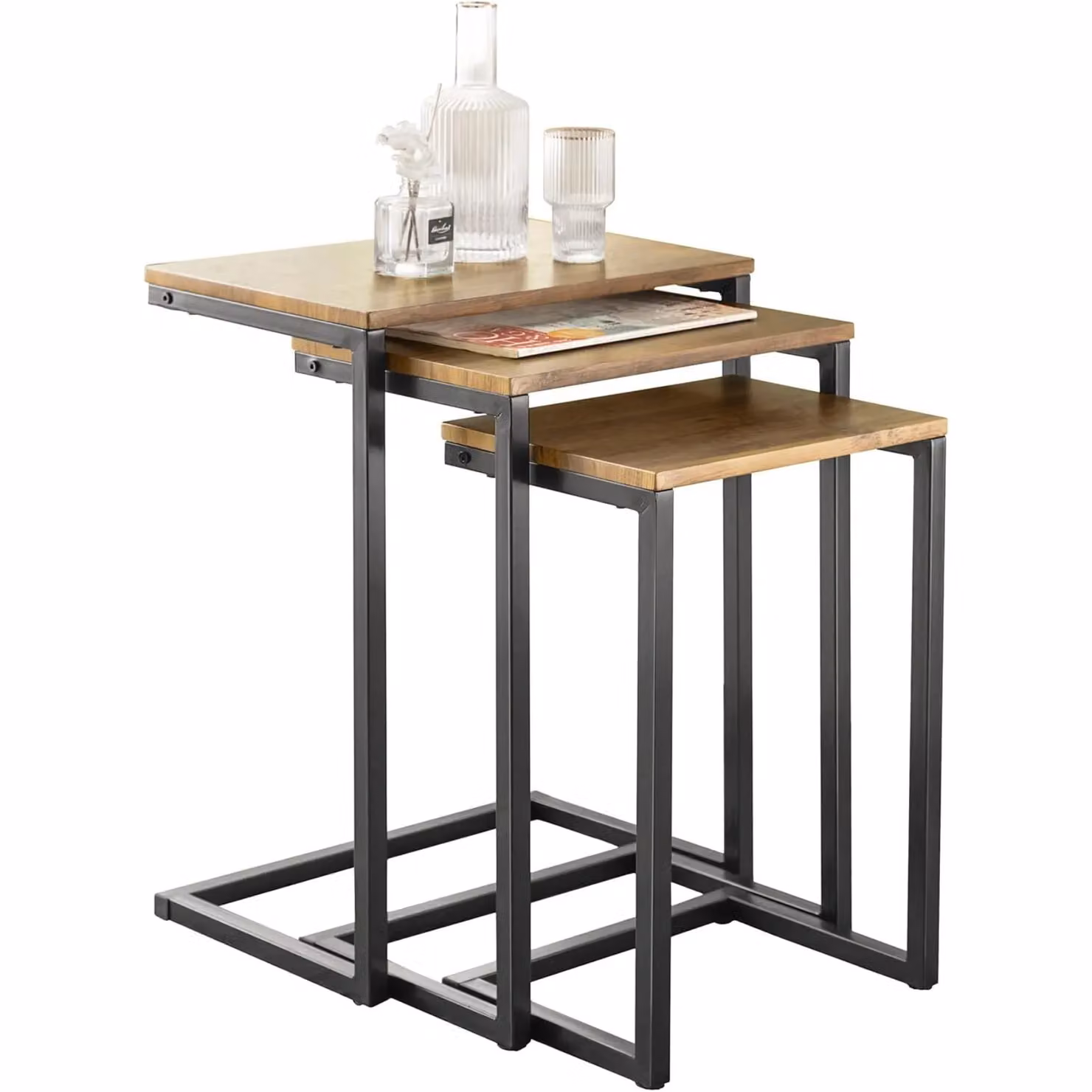 Rafaelo Mobilia Set of 3 Rectangular C-Shaped Nesting Tables in Brown and Black – 3