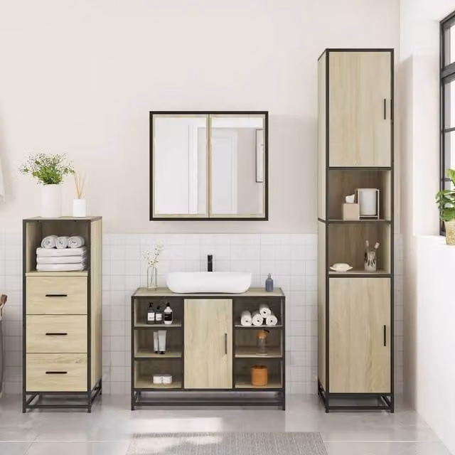 Berkfield Home 3 Piece Industrial Bathroom Furniture Set in Beige featuring Mirror Cabinet, Vanity Unit and Tall Cabinet – 1