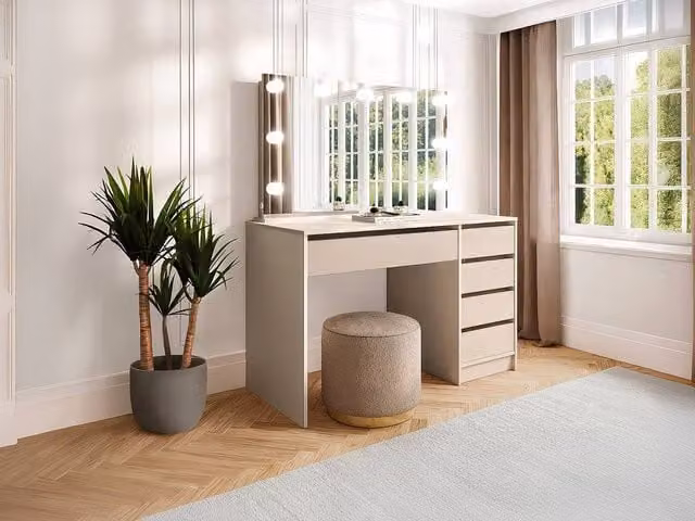 JENEMI Modern Beige Dressing Table with Hollywood LED Mirror and 5 Drawers, W/D/H: 120 x 40 x 55 cm – 1