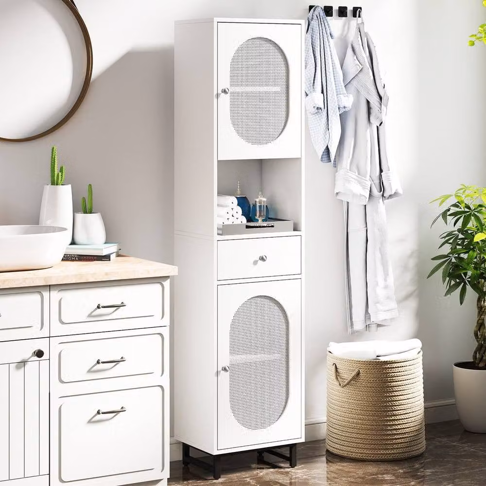 Gymax White Tall Bathroom Floor Cabinet with 2 PE Rattan Soft Close Doors, Height: 170 cm, Width: 30 cm, Depth: 30 cm – 2