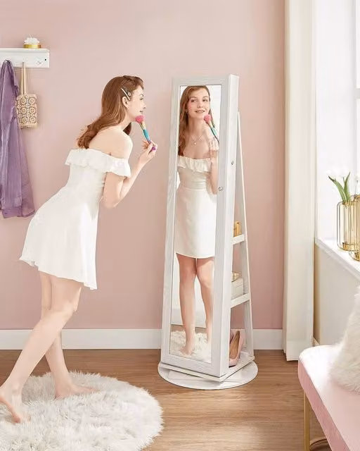 SONGMICS Freestanding Jewellery Cabinet with Mirror, Internal Shelves and Lock in White