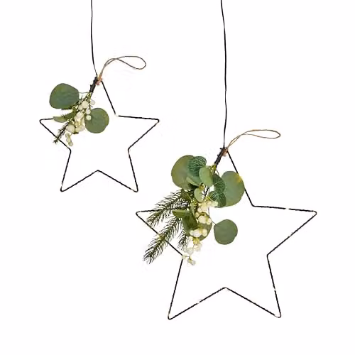 Lights4fun Set of 2 Black Iron Stars with 30 Micro LEDs and Winter Faux Foliage – 2