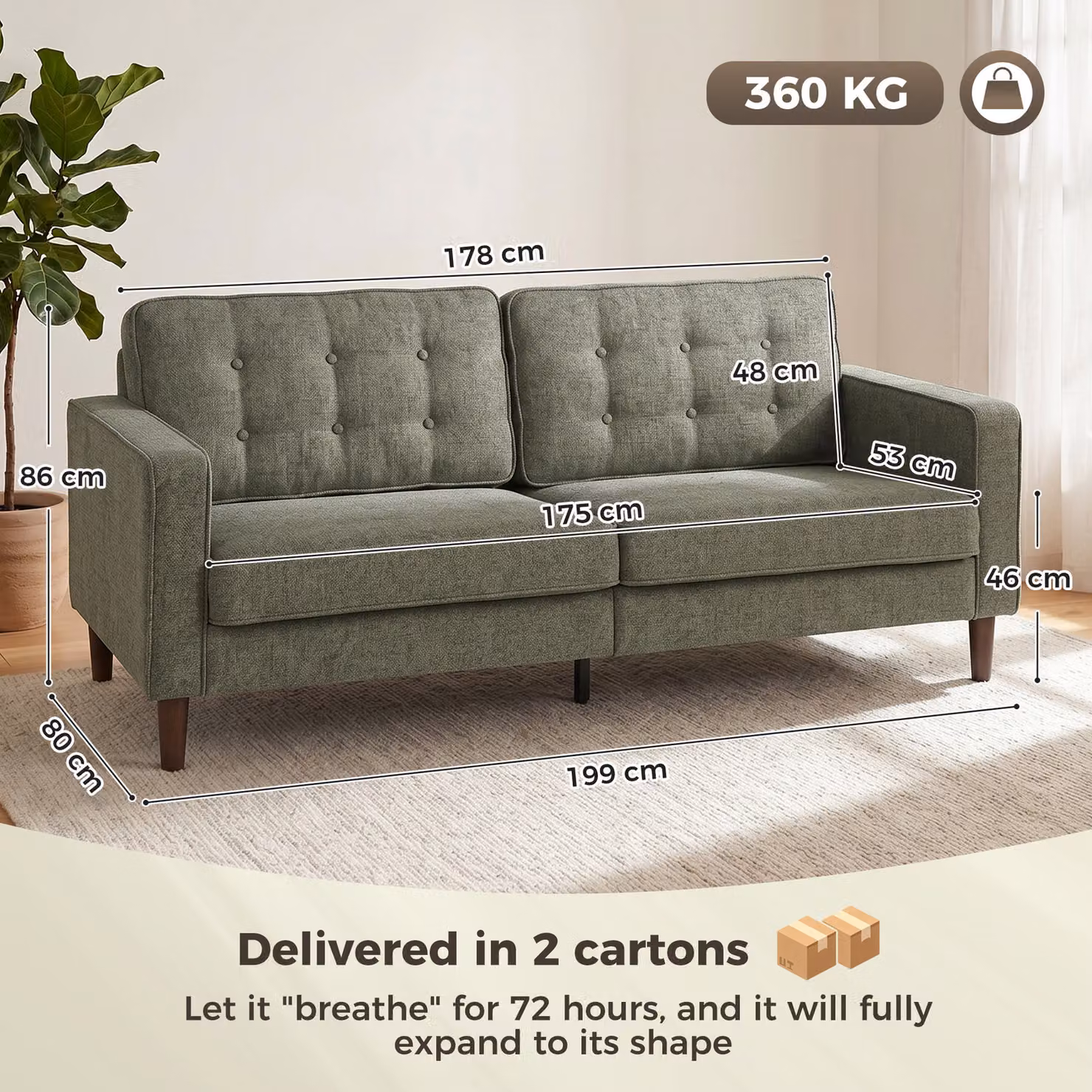 HOMCOM 3 Seater Button Tufted Velvet Sofa in Green with Wood Legs – 3