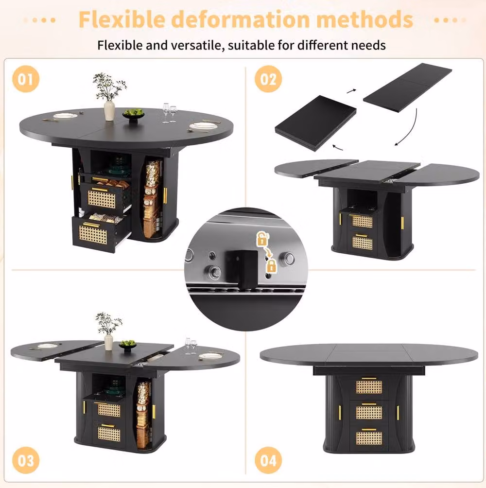STILVORA Extendable Dining Table with Storage Drawers in Black – 4