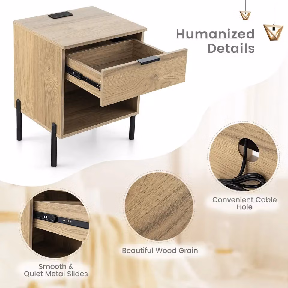 Costway Mid Century Modern Nightstand Bedside Table with Charging Station in Natural Brown – 6