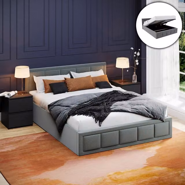 Vida Designs Vanita Ottoman Fabric Bed in Grey, W/D/H: 180 x 200 cm