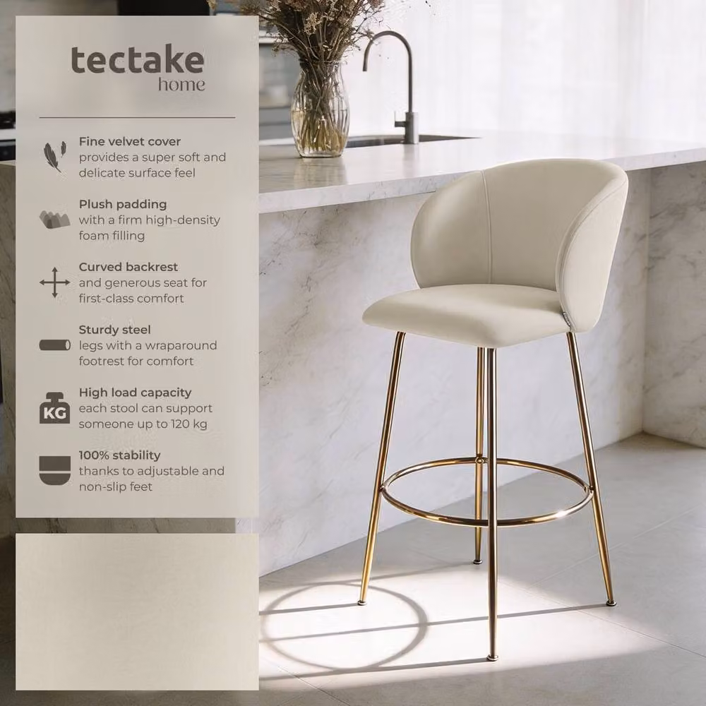 tectake Luana Bar Stool Set of 6 in Cream and Gold Velvet – 2