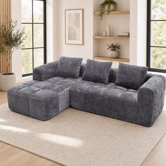STILVORA Modular L-Shape Sectional Sofa in Grey Fabric with Motorised Seats and Scatter Cushions – 1