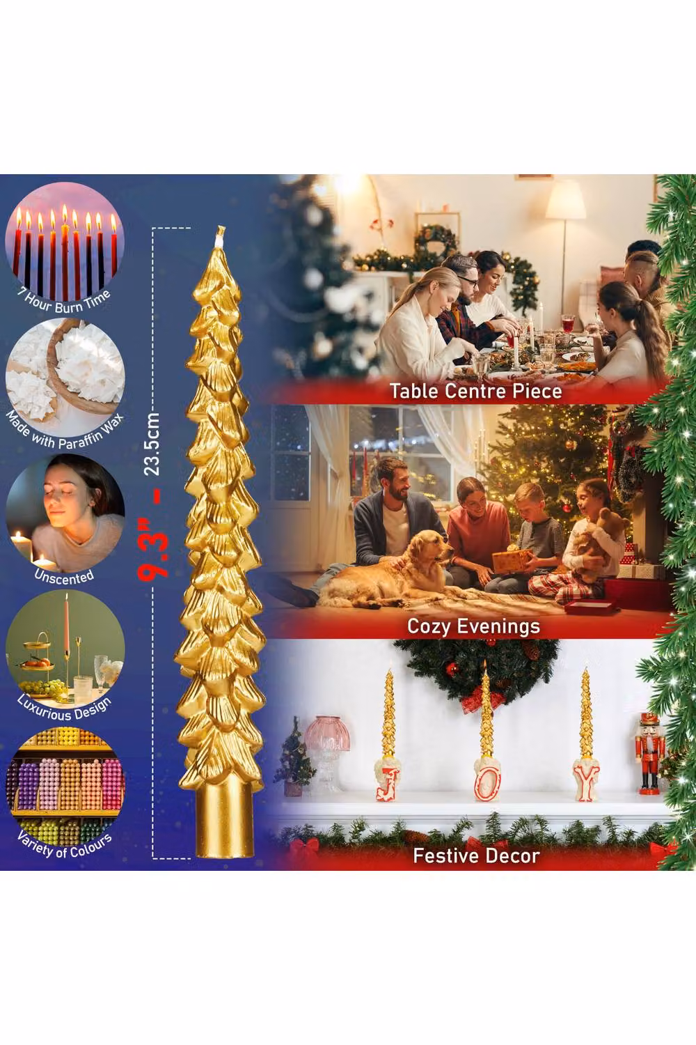 Deco Express Christmas Tree Dinner Candle Set, Gold, 6 Pieces – 7