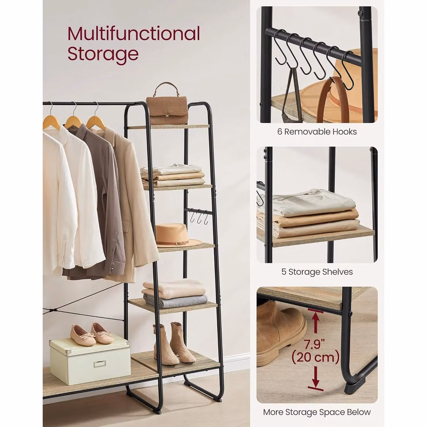 VASAGLE 5-Tier Clothes Rack with Shoe Storage and Side Hooks in Camel – 2