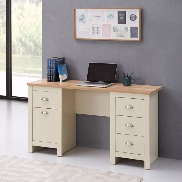 Timber Art Design Lisbon Modern Dual Pedestal Writing Desk in Beige Oak Wood