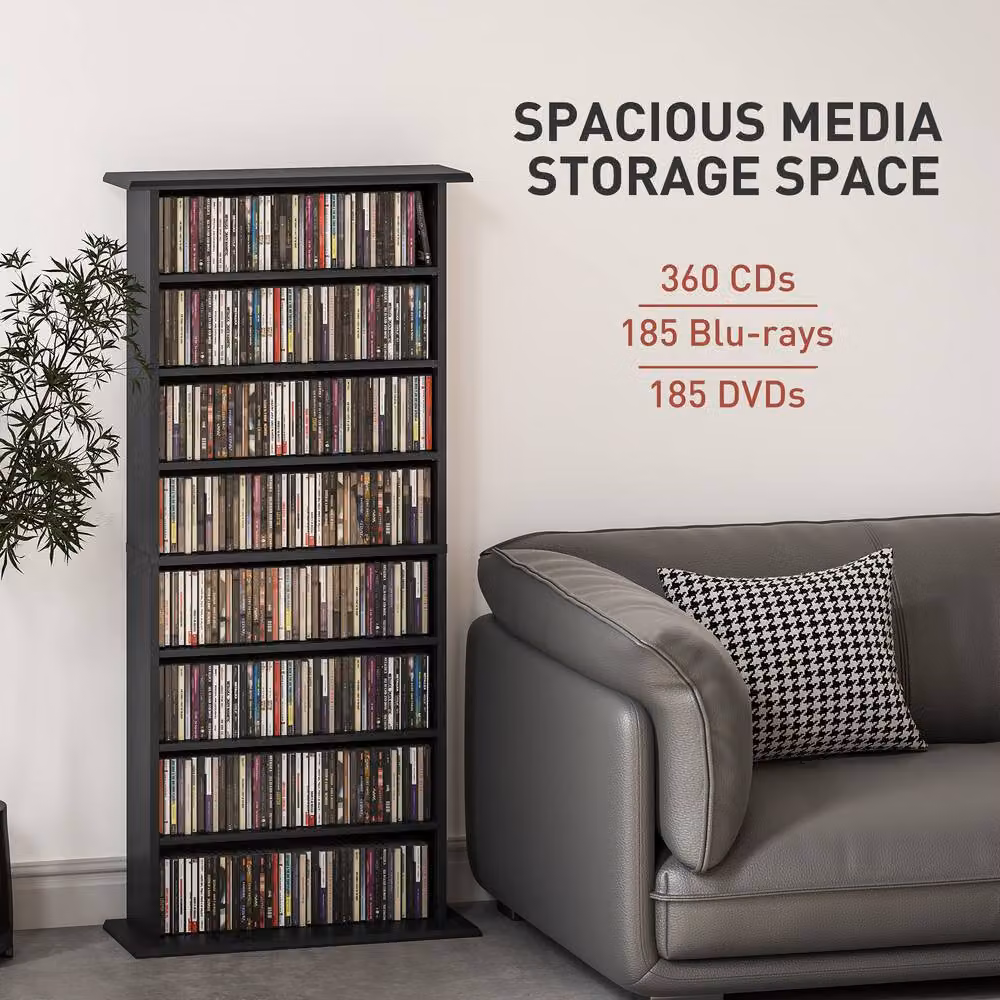STILVORA Black CD Storage Tower with Adjustable Shelves and Back Panel – 5