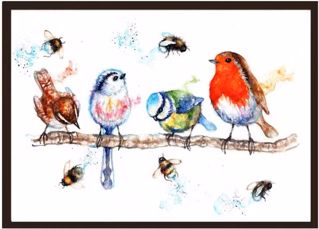Be Coventry Birds and the Bees Floral Nature Canvas Wall Art in Blue, Black and Multicolour