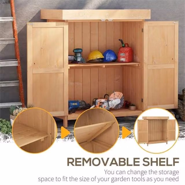 KORVIXA Brown Wooden Tall Garden Storage Cabinet with Double Hinged Doors and Internal Shelving, W/D/H: 74 x 37 x 88 cm