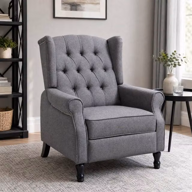 STILVORA Grey Fabric Recliner Armchair with Integrated Footrest and Solid Wood Frame