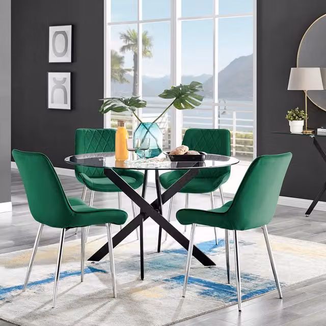 FurnitureboxUK Novara Round Glass Dining Table with 4 Pesaro Silver Chairs in Green