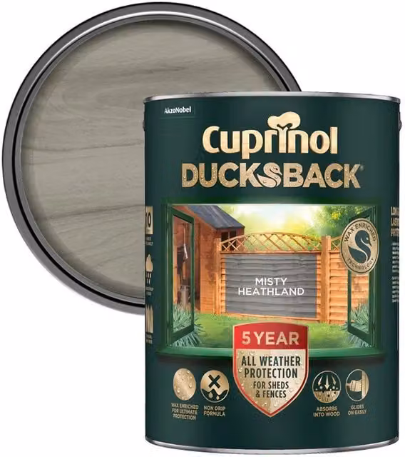 Cuprinol Ducksback Timbercare Wood Paint in Misty Heathland Grey, 5L – 1
