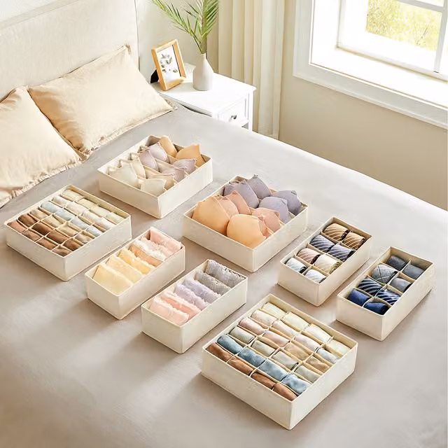 SONGMICS Set of 8 Foldable Fabric Underwear Drawer Organisers and Dividers, Brown
