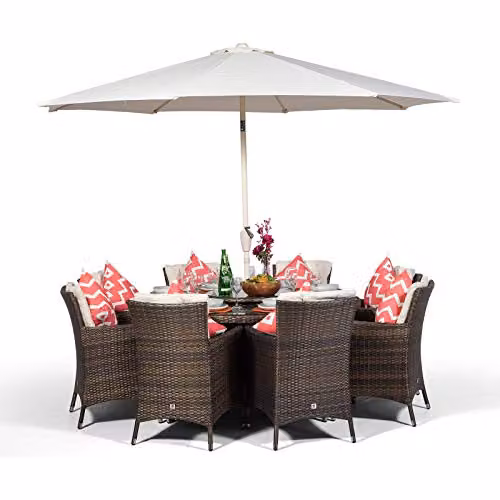 Giardino Savannah 8 Seater Rattan Garden Dining Set with Round Table, Chairs, Parasol and Cover, Brown – 1