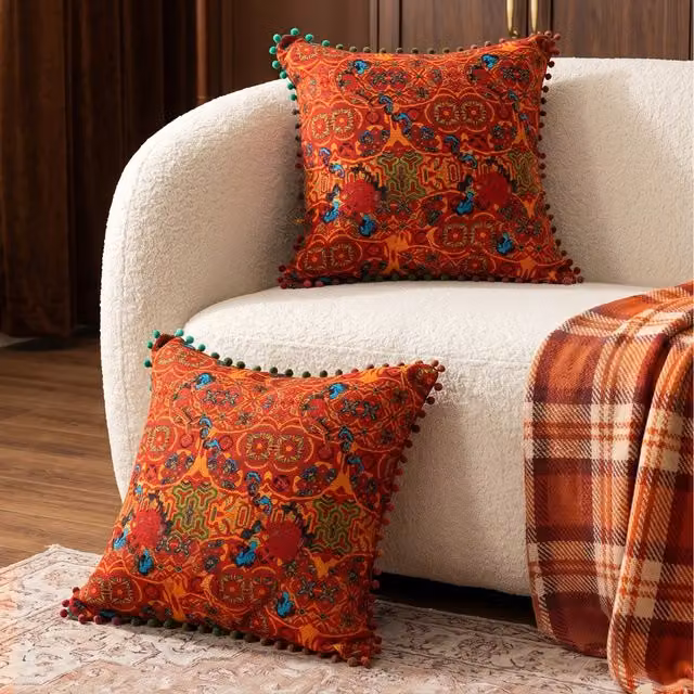 Livingandhome Pack of 2 Moroccan Style Square Linen Throw Pillows with Inserts, Orange, W/D/H: 45 x 45 x 45 cm