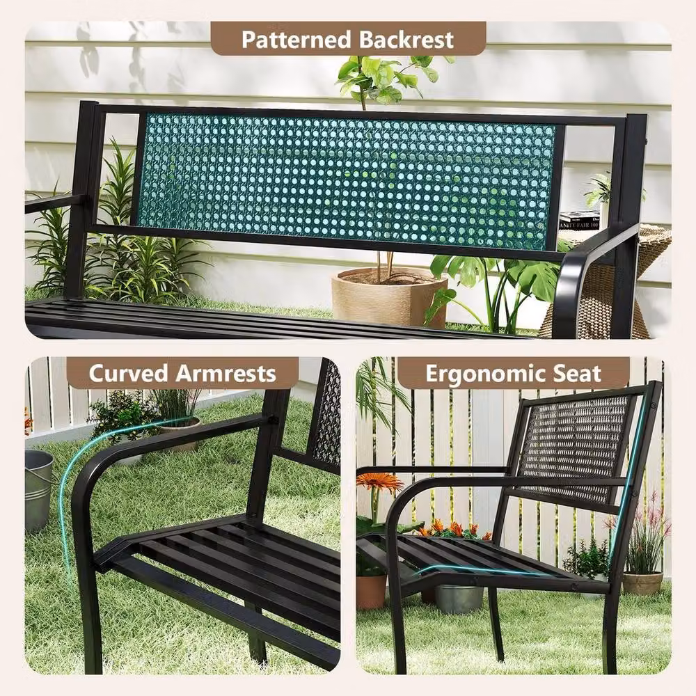 VOGREX Black Modern Geometric Metal Garden Bench, Width: 127 cm – 5