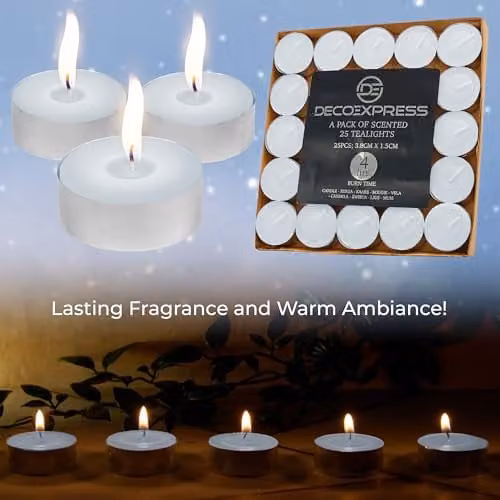 Deco Express Let It Snow Scented Tealight Candles, 25 Pack, Blue and White – 5