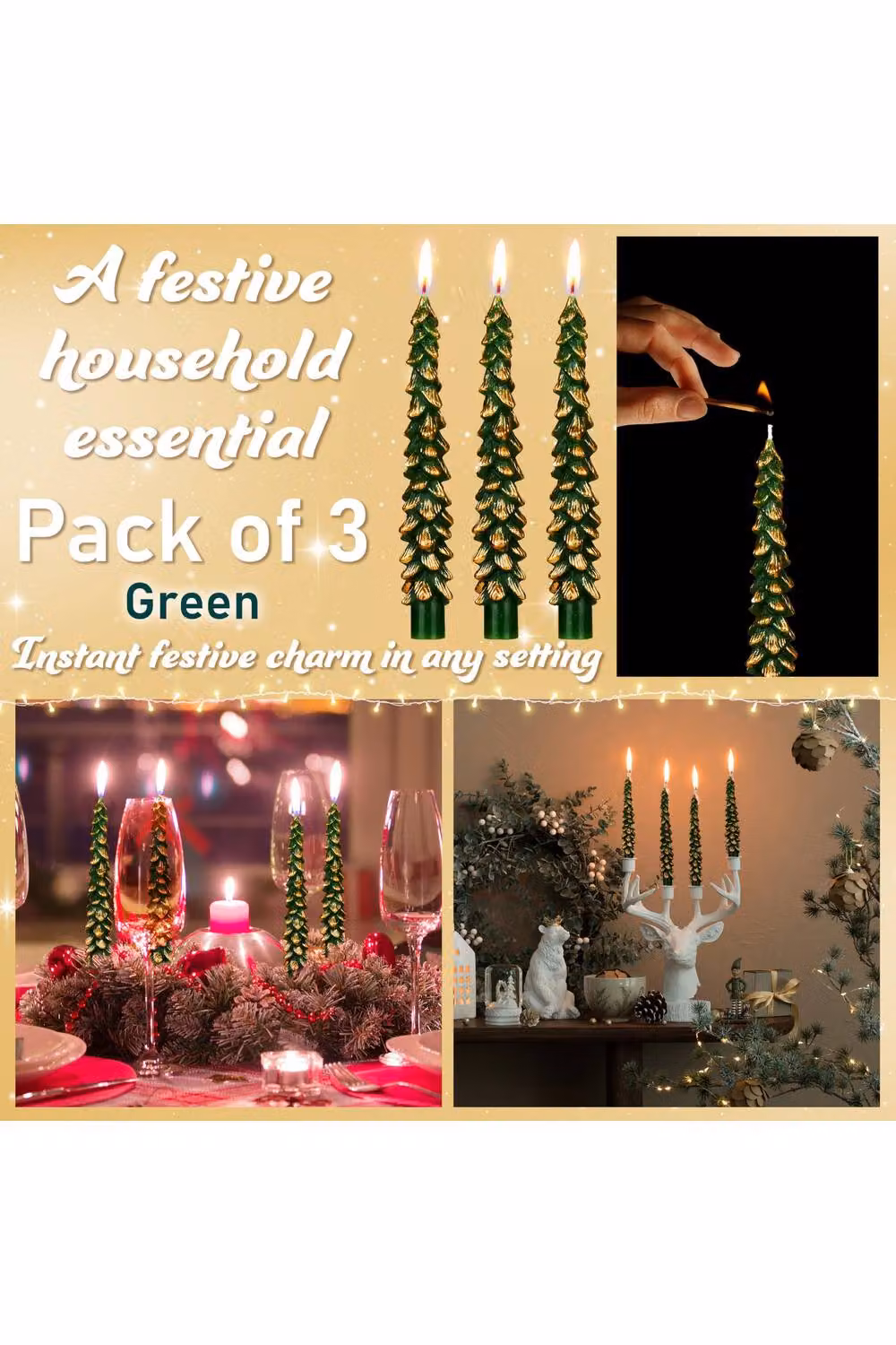 Deco Express Christmas Tree Dinner Candle Set in Green and Gold – 9