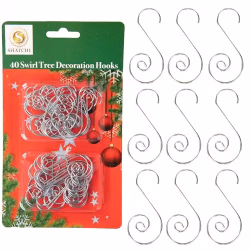 SHATCHI 40-Piece Silver Metal Swirl S Hooks for Christmas Tree Baubles and String Lights – 1