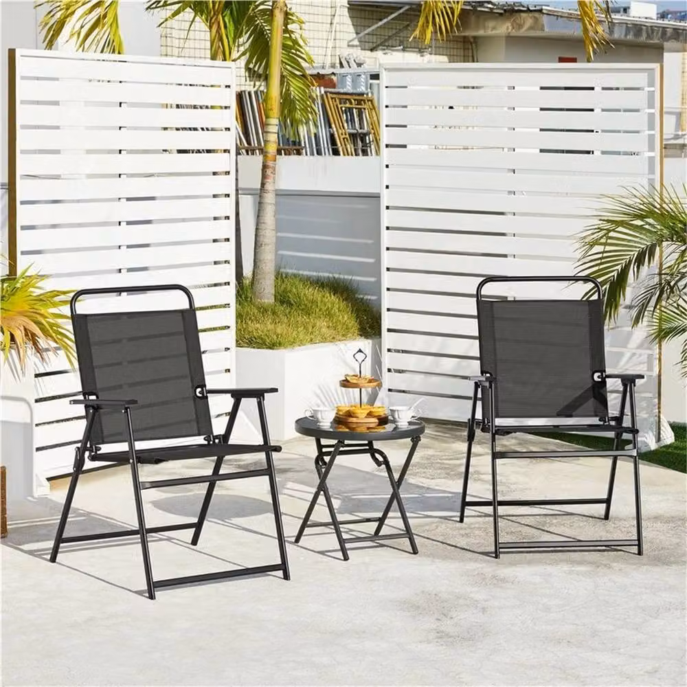 Kelvenix Set of 2 Black Foldable Outdoor Dining Chairs with Texteline and Metal Frame – 3