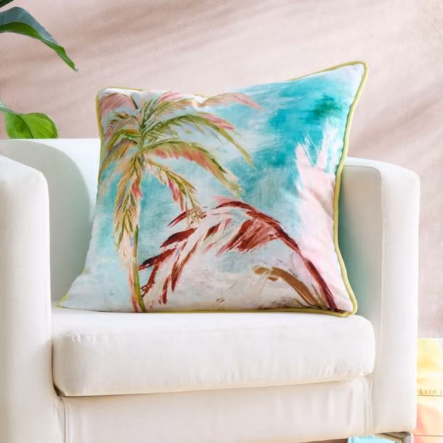 Appletree Leilani Tropical Palm Leaf Print Velvet Filled Cushion, Multicolour, W/D/H: 55 x 55 x 55 cm