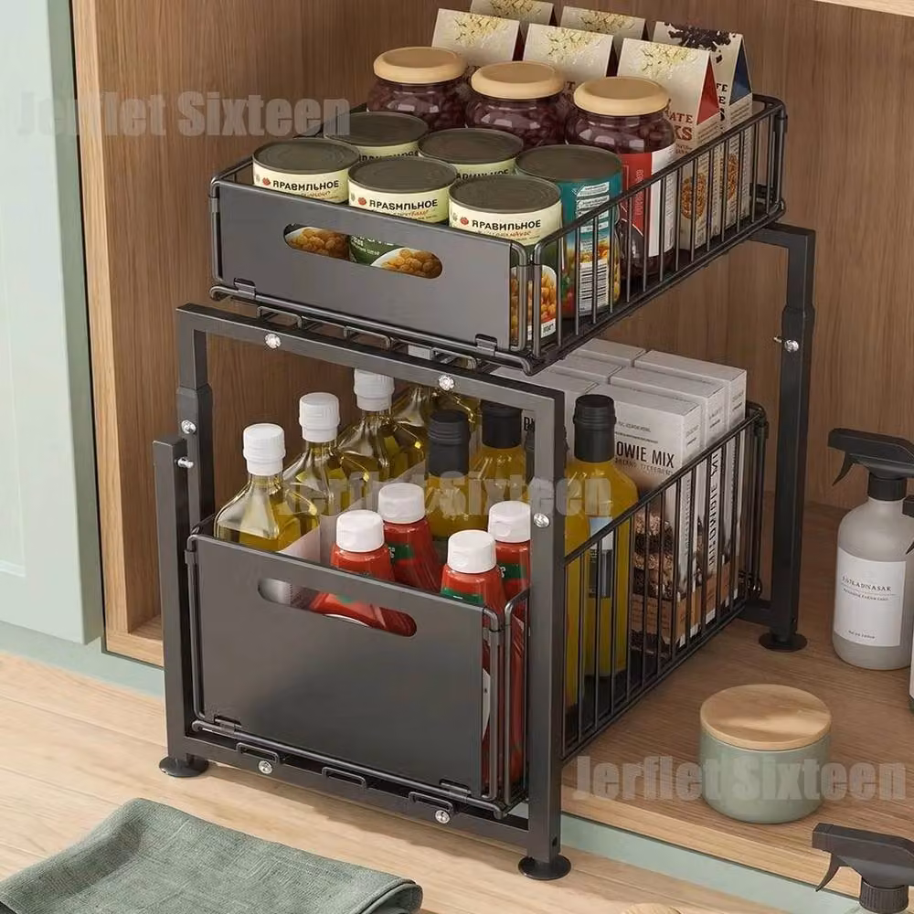 SPETLEK L-Shape 2 Tier Pull Out Under Sink Cabinet Organiser in Black – 2